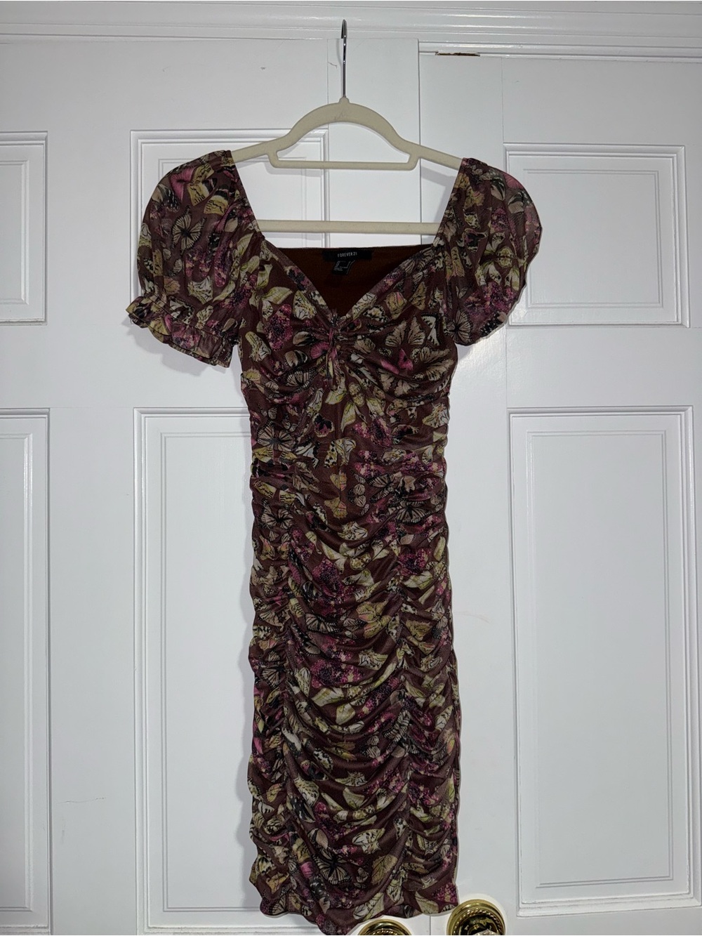 Forever 21 Burgundy and Olive Butterfly-Print Ruched Midi Dress